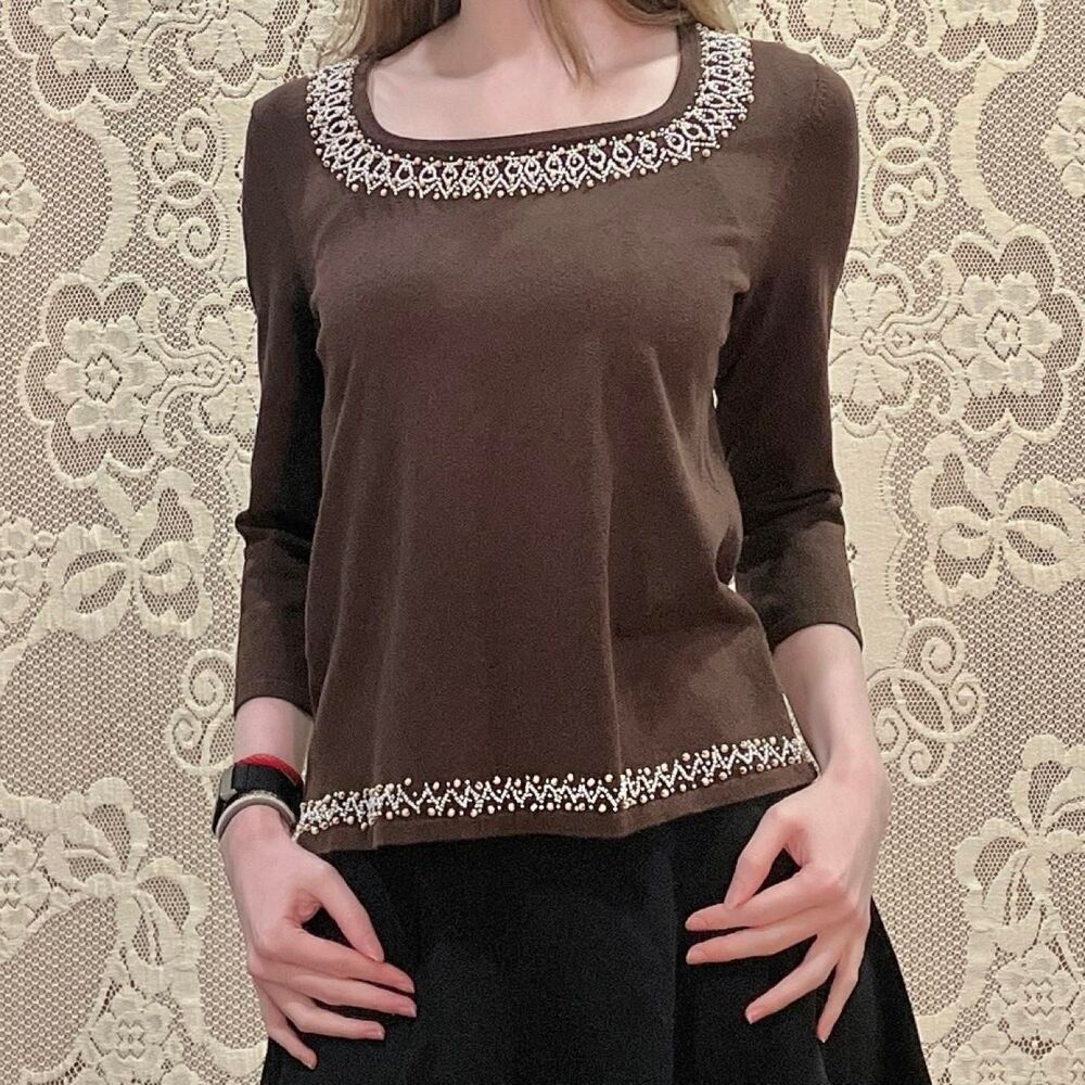 Chocolate Brown Cable & Gauge Silk Blend 3/4 Sleeve Beaded Square Neck Blouse